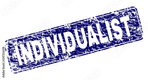 INDIVIDUALIST stamp seal print with distress style. Seal shape is a rounded rectangle with frame. Blue vector rubber print of INDIVIDUALIST text with unclean style.
