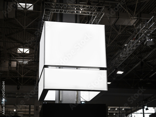 Mock up. Indoor advertising at the fair, event, Public information board hanging of empty white mock up signage. Cubic, squared, box 360 degrees.