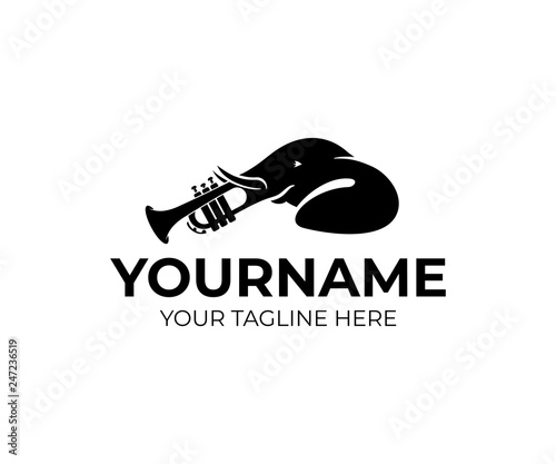 Elephant animal and trunk-trumpet instrument, logo design. Music, melody, jazz and plays an instrument, vector design and illustration