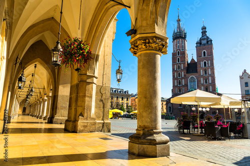 Cloth Hall and St. Mary's Basilica on main Market Square in Krakow, Poland