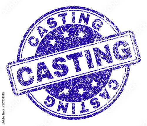 CASTING stamp seal imprint with distress texture. Designed with rounded rectangles and circles. Blue vector rubber print of CASTING title with unclean texture.