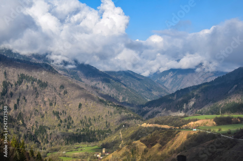 view of mountains steam fog sun summer