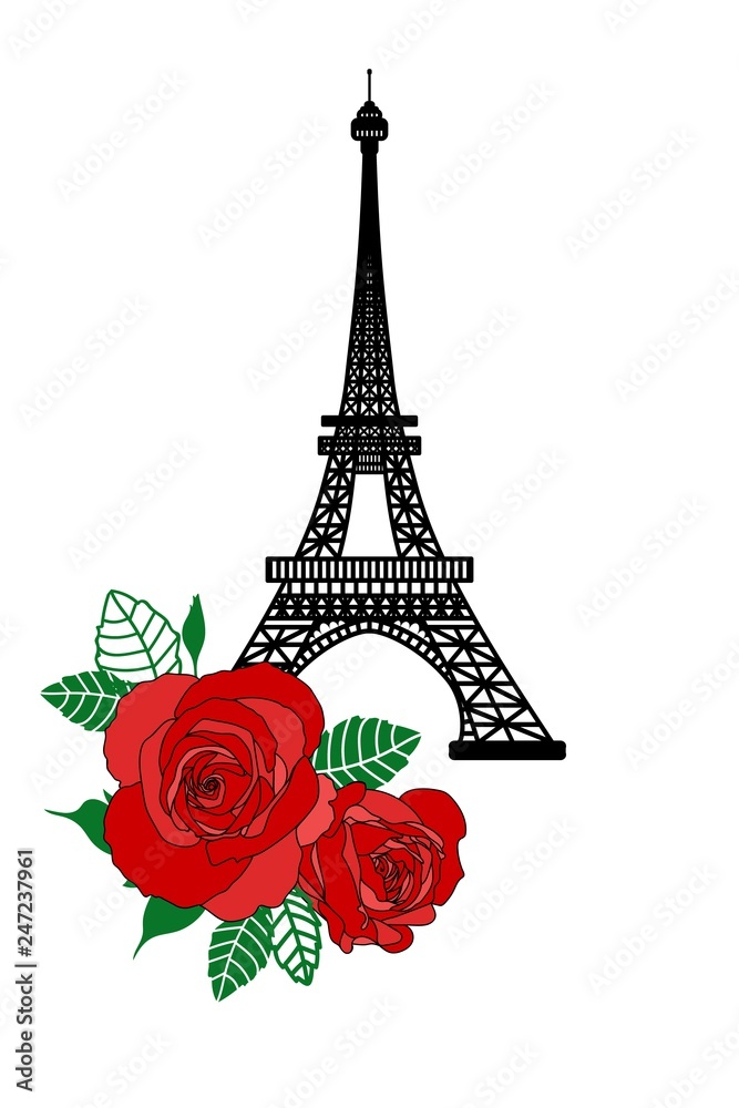 Vector illustration of Eiffel Tower and roses. T-shirt print design