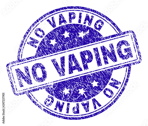NO VAPING stamp seal watermark with grunge texture. Designed with rounded rectangles and circles. Blue vector rubber print of NO VAPING text with dust texture.
