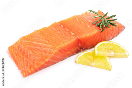 fillet of red fish salmon with lemon rosemary isolated on white background