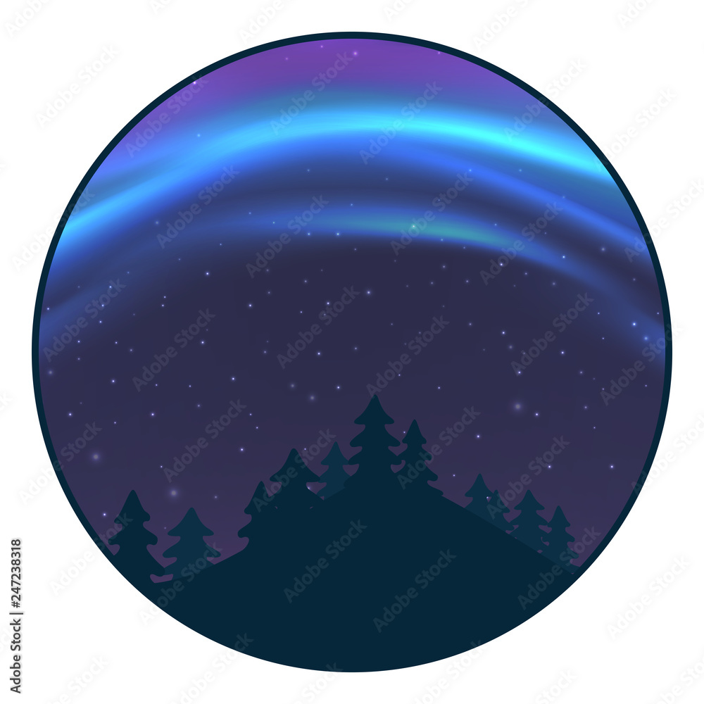 Night sky with aurora over spruce forest in winter, blue northern light with stars, polar light glowing, polar streamers. Vector Night sky with aurora over spruce forest in winter, blue northern light with stars, polar light glowing, polar streamers. Vector