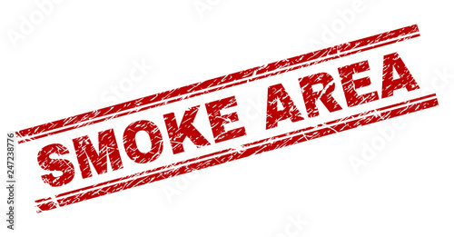 SMOKE AREA seal watermark with grunge texture. Red vector rubber print of SMOKE AREA text with grunge texture. Text label is placed between double parallel lines.