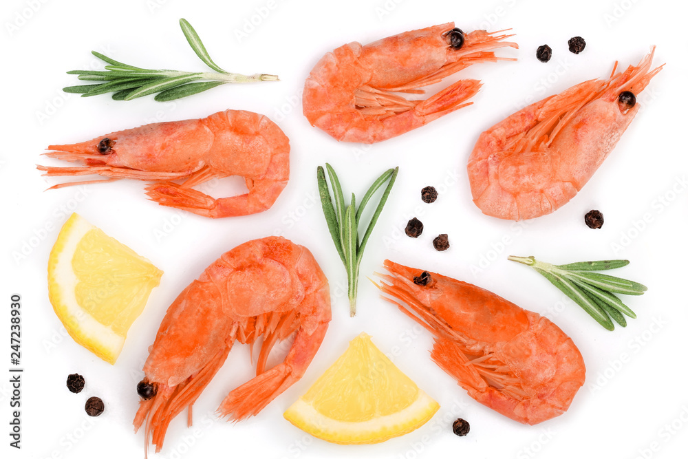 Red cooked prawn or shrimp with rosemary and lemon slice isolated on white background. Top view. Flat lay Red cooked prawn or shrimp with rosemary and lemon slice isolated on white background. Top view. Flat lay