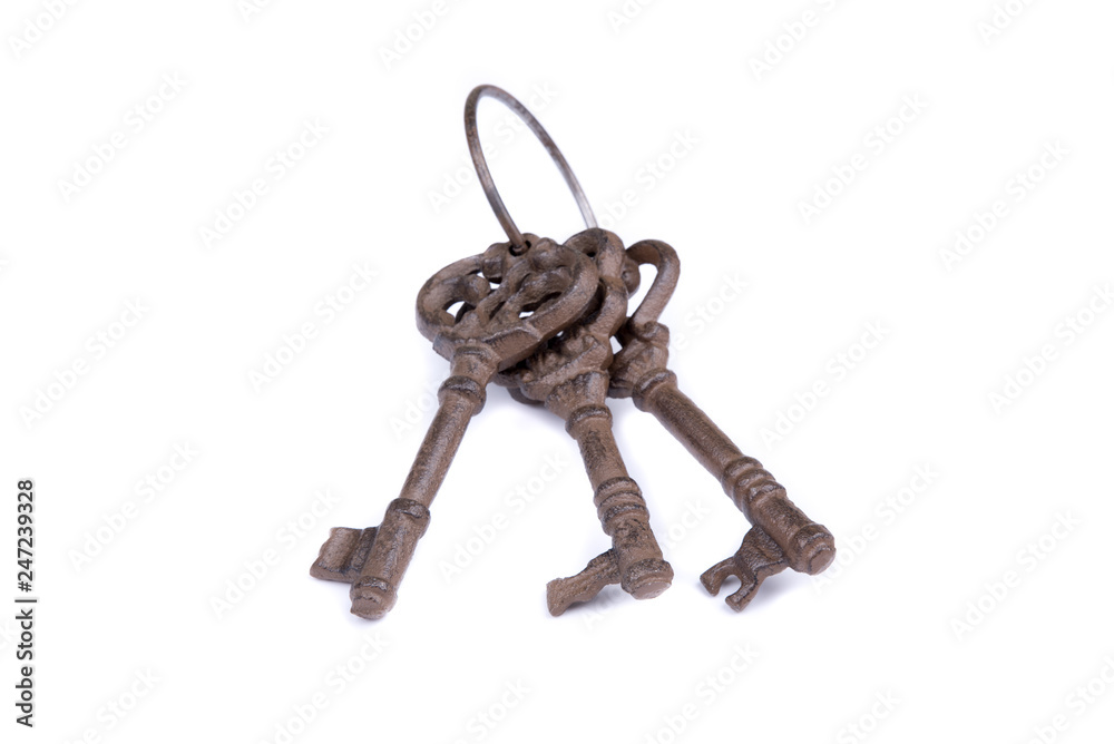 Old key laying on the background. Top view. Close up.Bunch of old keys on white background. Old key laying on the background. Top view. Close up.Bunch of old keys on white background.
