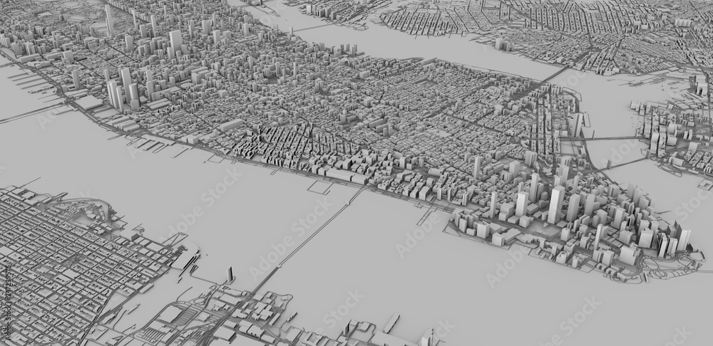 Vista satellitare delle città di New York City, mappa della città, edifici in 3d, 3d rendering. Strade e grattacieli di Manhattan. 