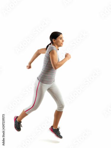 woman running isolated on white background, fitness healthy lifestyle concept