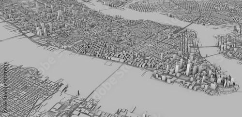 Vista satellitare delle città di New York City, mappa della città, edifici in 3d, 3d rendering. Strade e grattacieli di Manhattan. 
