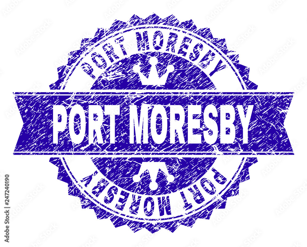 PORT MORESBY rosette stamp watermark with distress texture. Designed with round rosette, ribbon and small crowns. Blue vector rubber watermark of PORT MORESBY title with dirty texture. PORT MORESBY rosette stamp watermark with distress texture. Designed with round rosette, ribbon and small crowns. Blue vector rubber watermark of PORT MORESBY title with dirty texture.