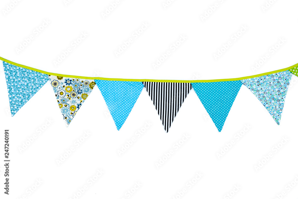 Obraz premium Cute garland of colorful flags. Decorations of colorful pennants. Blue cotton fabric party flags. Flag line isolated on white background. Front view,