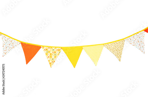 Cute garland of colorful flags. Decorations of colorful pennants. Yellow, orange cotton fabric party flags. Flag line isolated on white background. Front view,