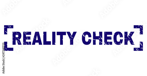 REALITY CHECK text seal watermark with grunge texture. Text title is placed between corners. Blue vector rubber print of REALITY CHECK with dirty texture.