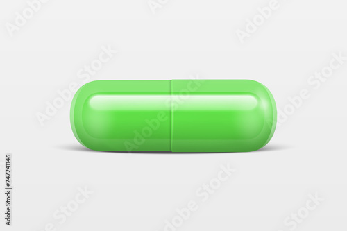Vector 3d Realistic Green Medical Pill Icon Closeup Isolated on White Background. Design template of Pills, Capsules for graphics, Mockup. Medical and Healthcare Concept. Front View
