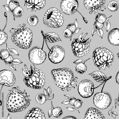 Seamless pattern with strawberries, raspberries, blueberries and cherries. Hand drawn vector illustration.
