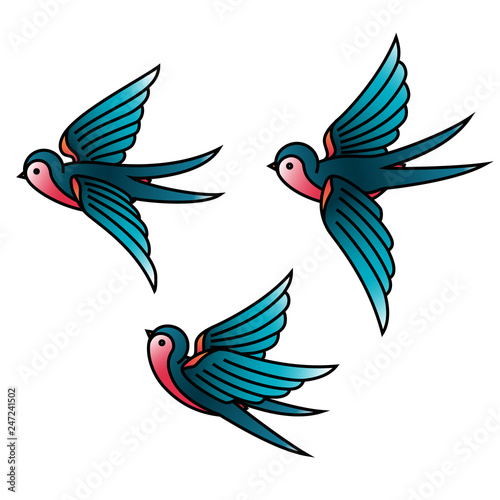 Oldschool Traditional Tattoo Vector Birds. Flying swallows