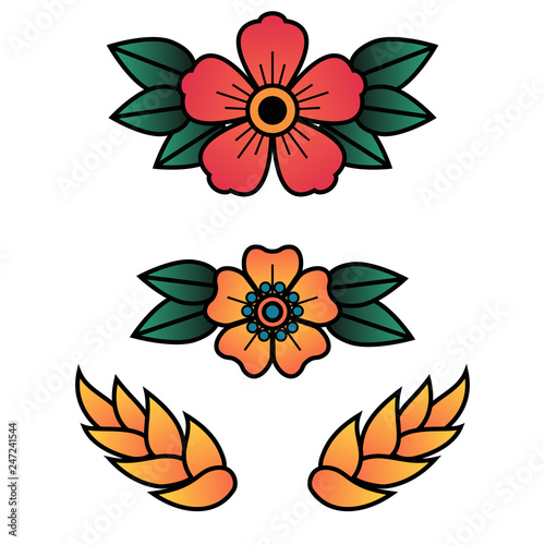 Oldschool Traditional Tattoo Vector Flowers with 5 Petals