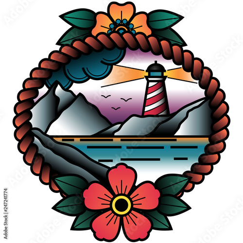 Oldschool Traditional Tattoo Vector Lighthouse in a Sunset