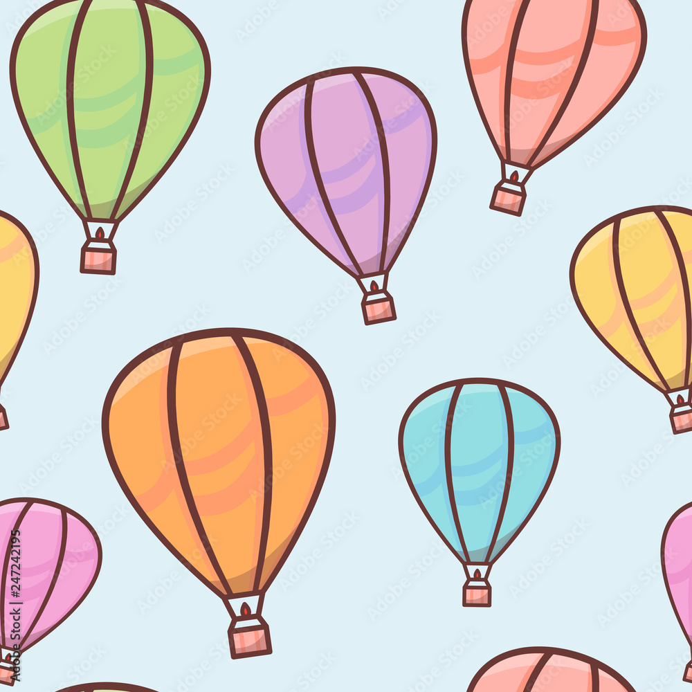 Seamless pattern with colorful balloons with outline in the sky, naive and simple background, vector illustration for children Seamless pattern with colorful balloons with outline in the sky, naive and simple background, vector illustration for children