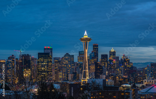 Seattle city skyline at dusk. Downtown Seattle cityscape