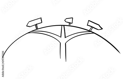 Artistic drawing of conceptual three way or road crossroad with directional arrows. Concept of options and decision.