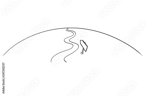 Artistic drawing of conceptual road or way winding forward and directional arrow road sign. Business concept.