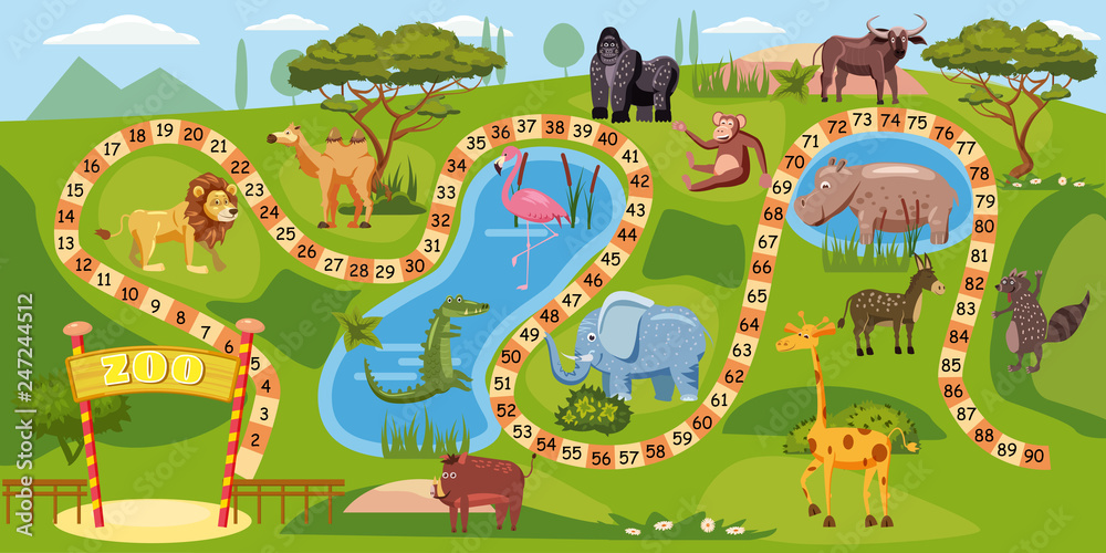 Zoo board game with numbers for children, lion, elephant, flamingo, buffalo, hippopotamus, crocodile, gorilla, camel, boar, vector, template, illustration, isolated