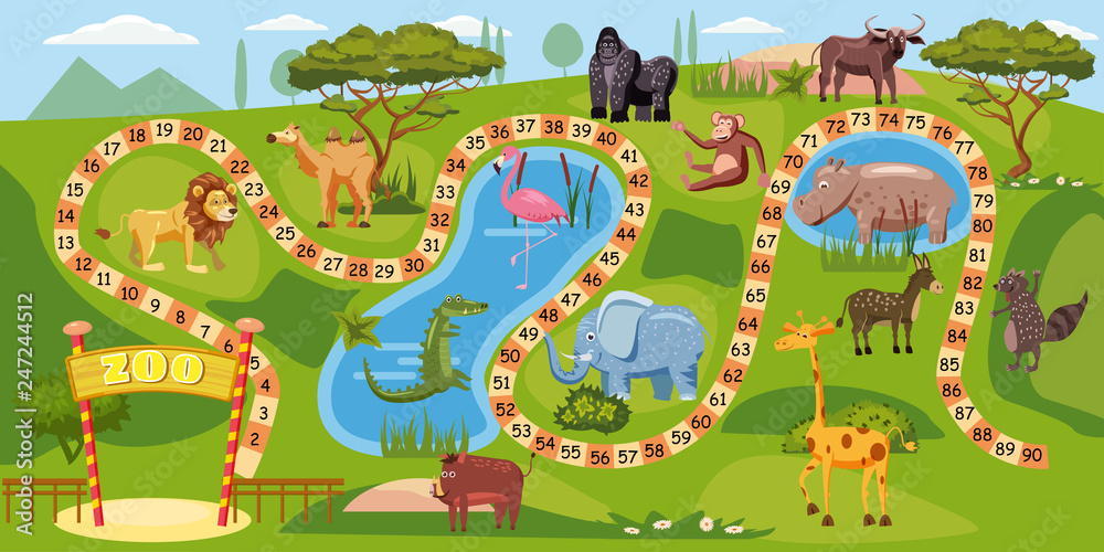 Zoo board game with numbers for children, lion, elephant, flamingo