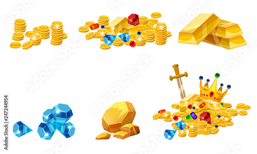 Set Treasure, gold, coins, rock gold nugget, bars, jewels, crown, vector, isolated, cartoon style, for games, apps, white background