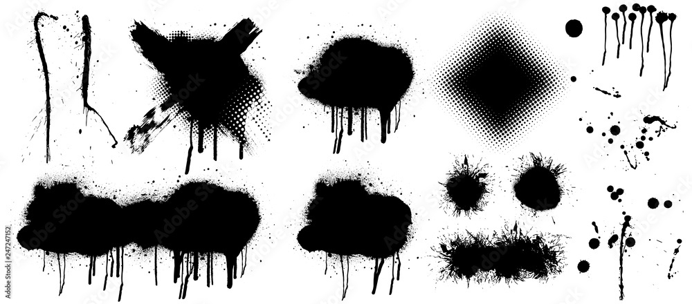 Spray graffiti stencil template. Isolated collection. Black splashes isolated on transparent background. Vector set Spray