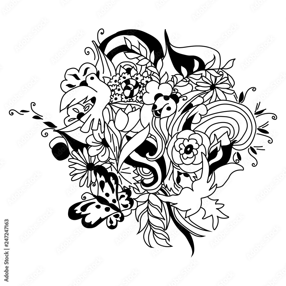 Cartoon cute doodles hand drawn Spring illustration. Black and white ...