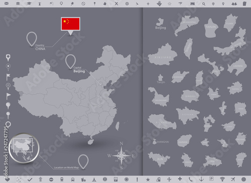 China map and flag with regions