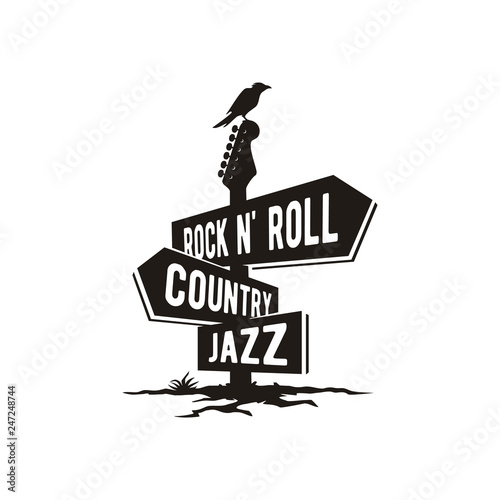 Road Sign Board Guitar with Raven Crow Bird Silhouette for Country Rock n Roll Jazz Music Genre illustration logo