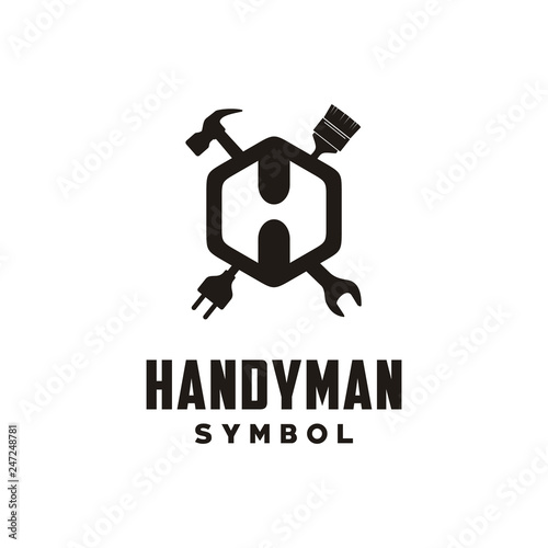 Initial Letter H with Hammer Paint Brush Wrench for Handyman and Tools Logo design