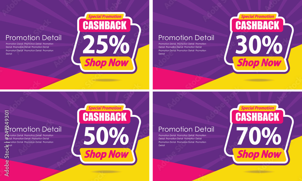 Banner and Poster Sale, Special Promotion Cashback 25%, 30%, 50%, 70% Vector illustration Marketing Advertising and PR - Vector