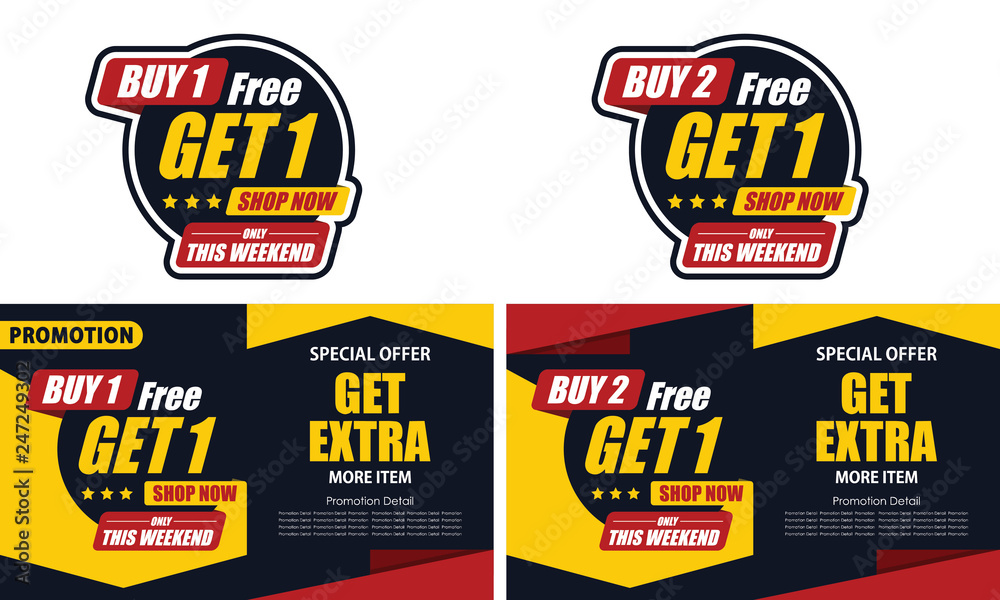 Banner and Poster This Weekend Special Buy 1 Get 1 and Buy 2 get 1 Vector illustration Marketing Advertising and PR - Vector Banner and Poster This Weekend Special Buy 1 Get 1 and Buy 2 get 1 Vector illustration Marketing Advertising and PR - Vector