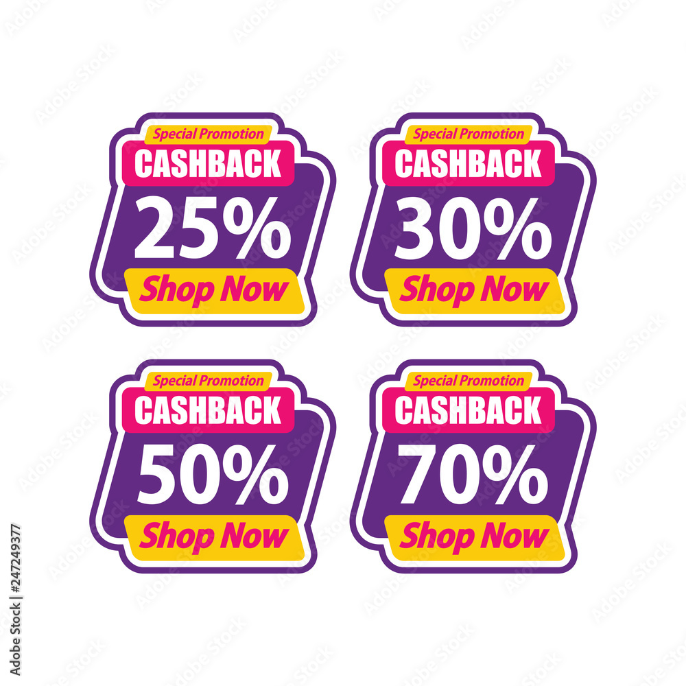 Sticker Sale Special Promotion Cashback 25%, 30%, 50%, 70% Vector illustration Marketing Advertising and PR - Vector