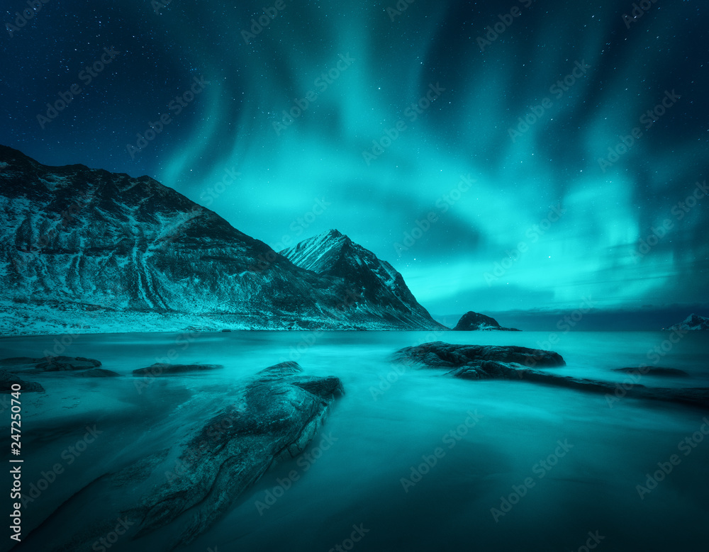Aurora borealis above snowy mountain and sandy beach with stones. Northern lights in Lofoten islands, Norway. Starry sky with polar lights. Night winter landscape with aurora, sea with blurred water Aurora borealis above snowy mountain and sandy beach with stones. Northern lights in Lofoten islands, Norway. Starry sky with polar lights. Night winter landscape with aurora, sea with blurred water