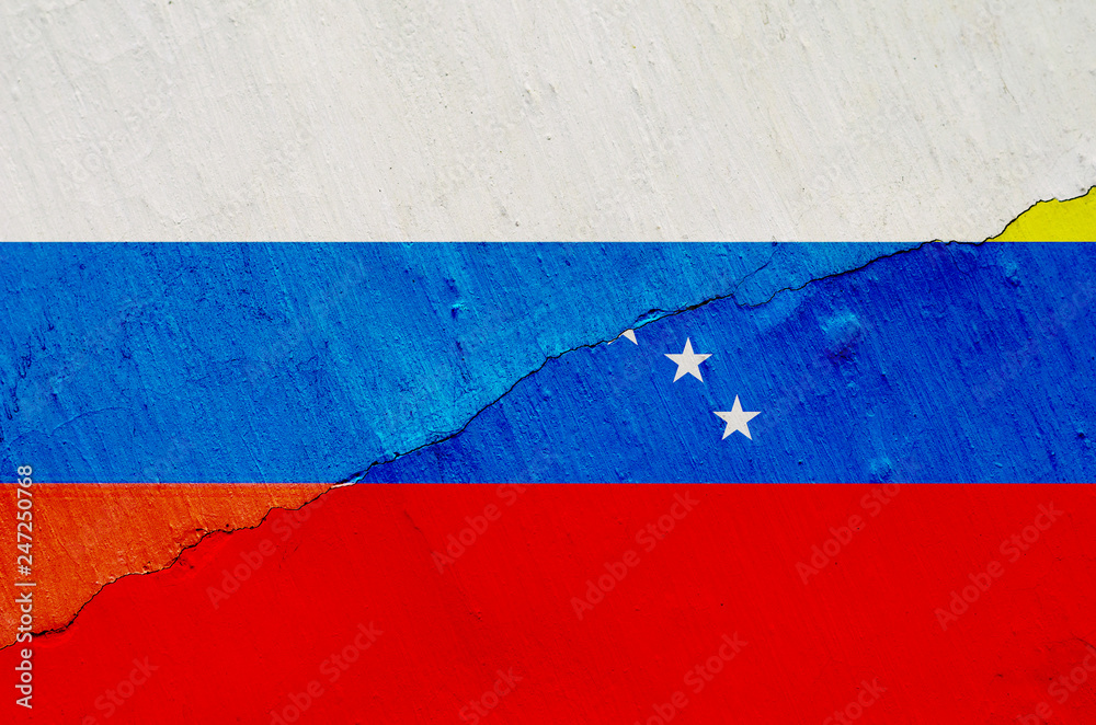 Flag of Venezuela and Russia on the background of the texture of frayed paint with a crack on the whole frame Flag of Venezuela and Russia on the background of the texture of frayed paint with a crack on the whole frame