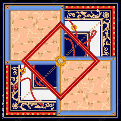 Seamless pattern with chains and baroque frames. Vector patch for print, fabric, scarf