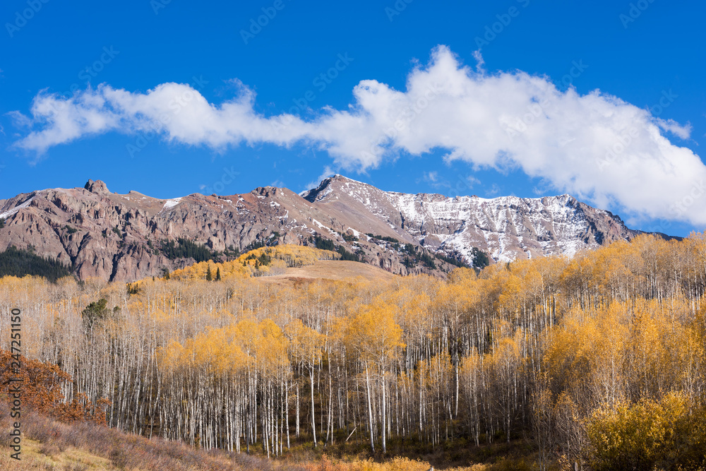 The Sneffels Mountain Range in early Autumn viewed from the Last Dollar Road along the Dallas Divide, Colorado.