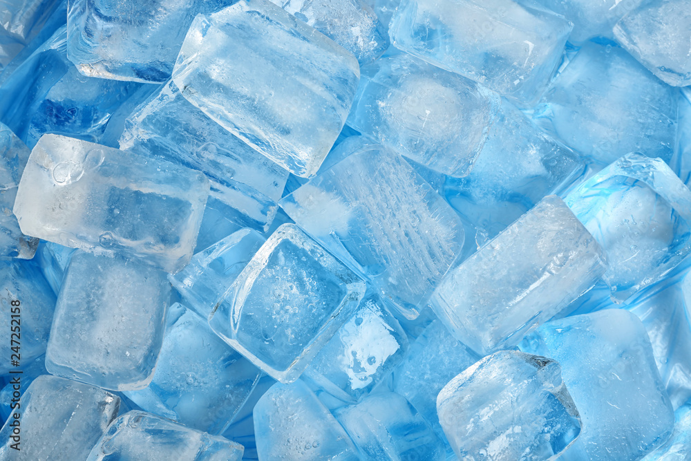 Many ice cubes on color background, top view Many ice cubes on color background, top view