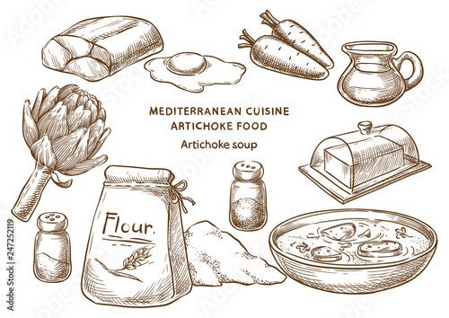 Mediterranean cuisine. Artichoke soup. Sketch Ingredients