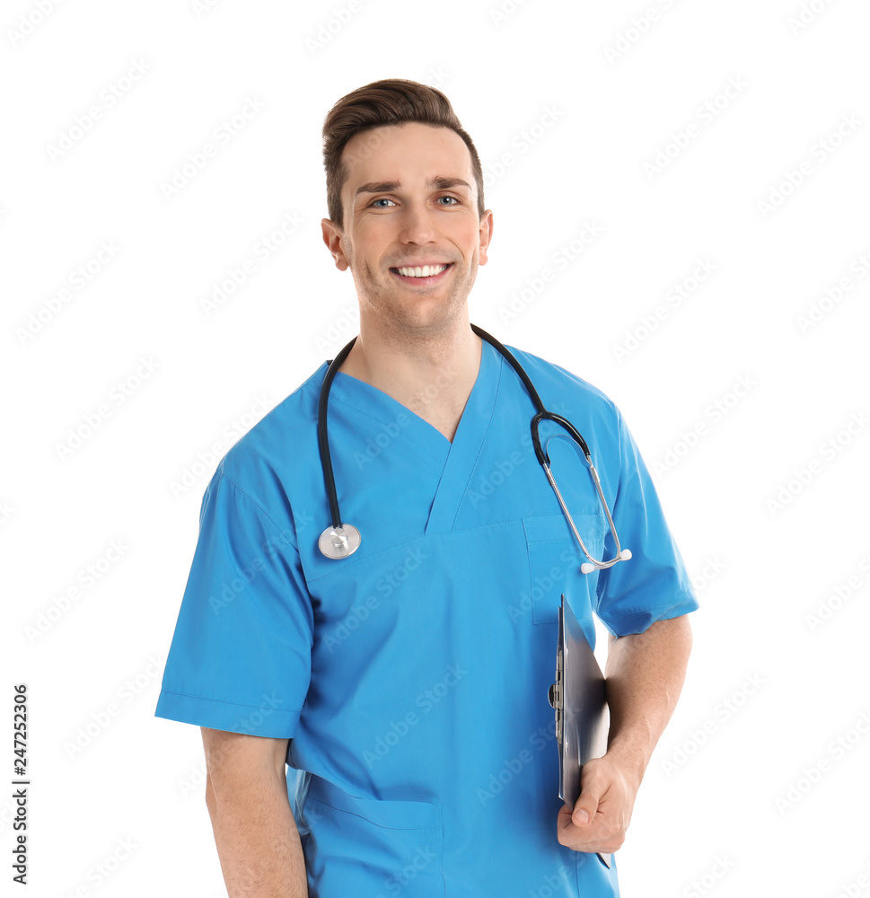 Portrait of medical assistant with stethoscope and clipboard on white background Portrait of medical assistant with stethoscope and clipboard on white background