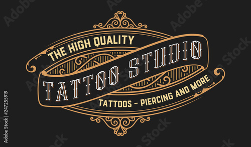 Tattoo logo template. Old lettering on dark background with floral ornaments.Vector layered