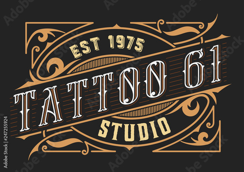 Tattoo logo template. Old lettering on dark background with floral ornaments.