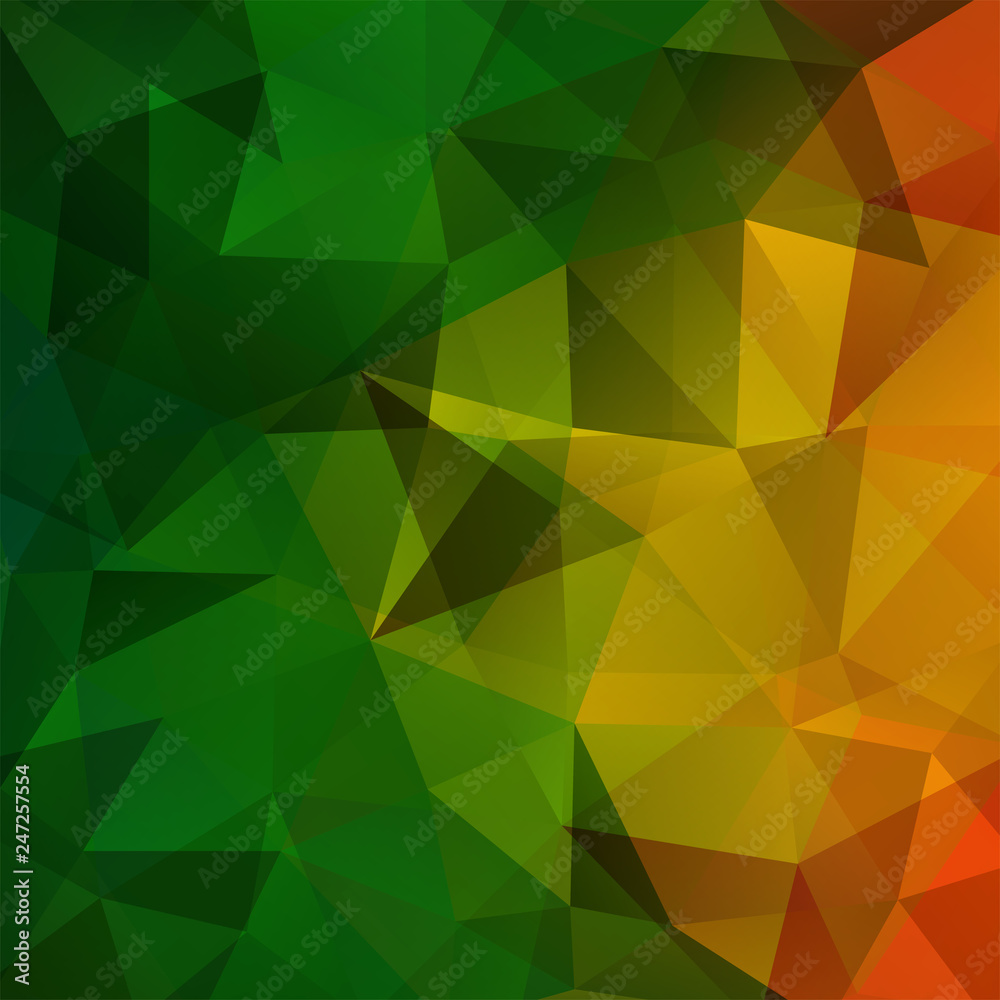 Fototapeta premium Geometric pattern, polygon triangles vector background in green, orange, yellow tones. Illustration pattern